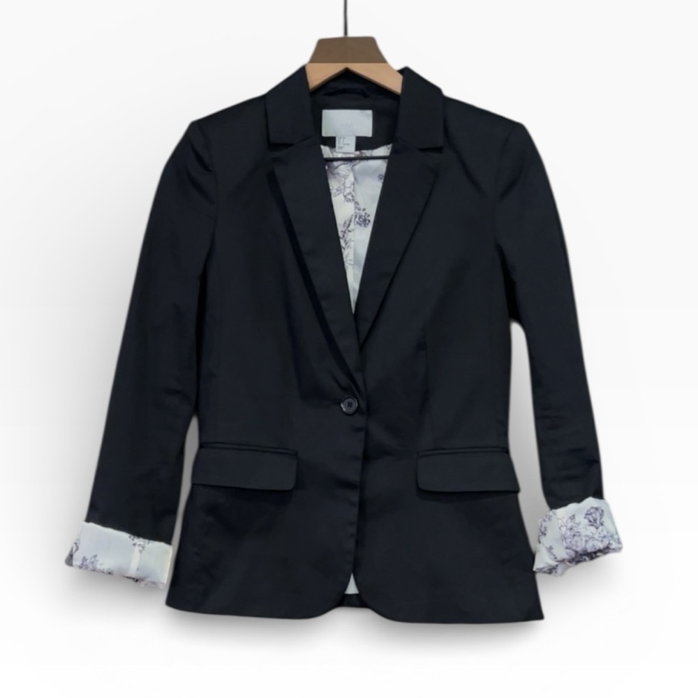 H&M Womens Blazer Black Classic Single Breasted Notch Lapel Contrast Lining Sz 6